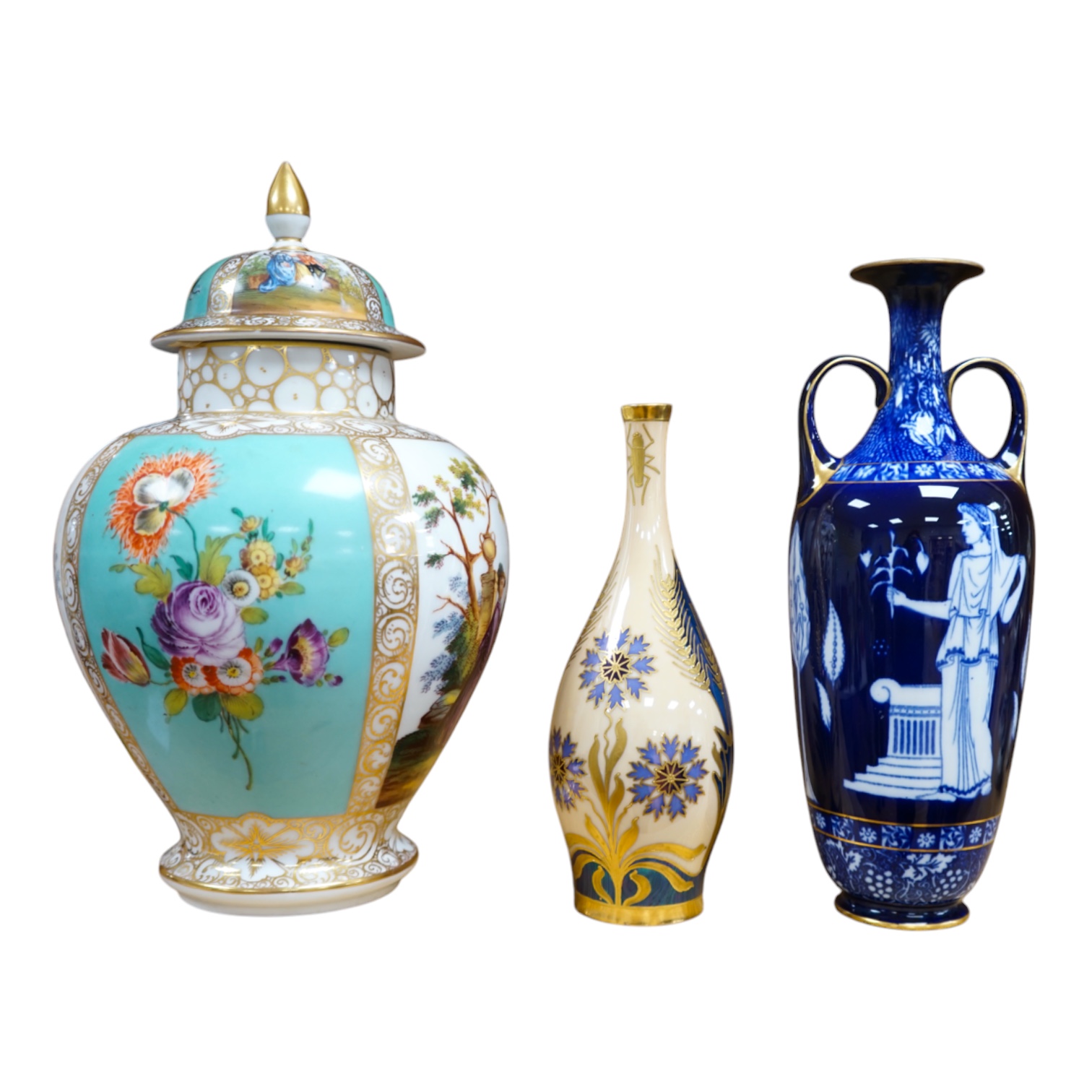 A Dresden porcelain jar and cover, 32cm high, a Doulton Burslem Grecian revival vase and and a Continental Art Nouveau bottle vase (3) condition - Dresden and Doulton restored necks otherwise visible condition